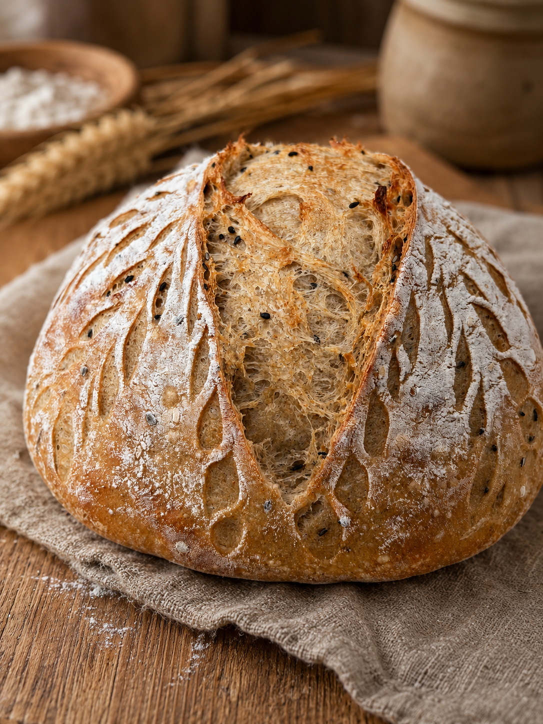Poppy seed sourdough boule with leaf-pattern scoring on linen with wheat stalks